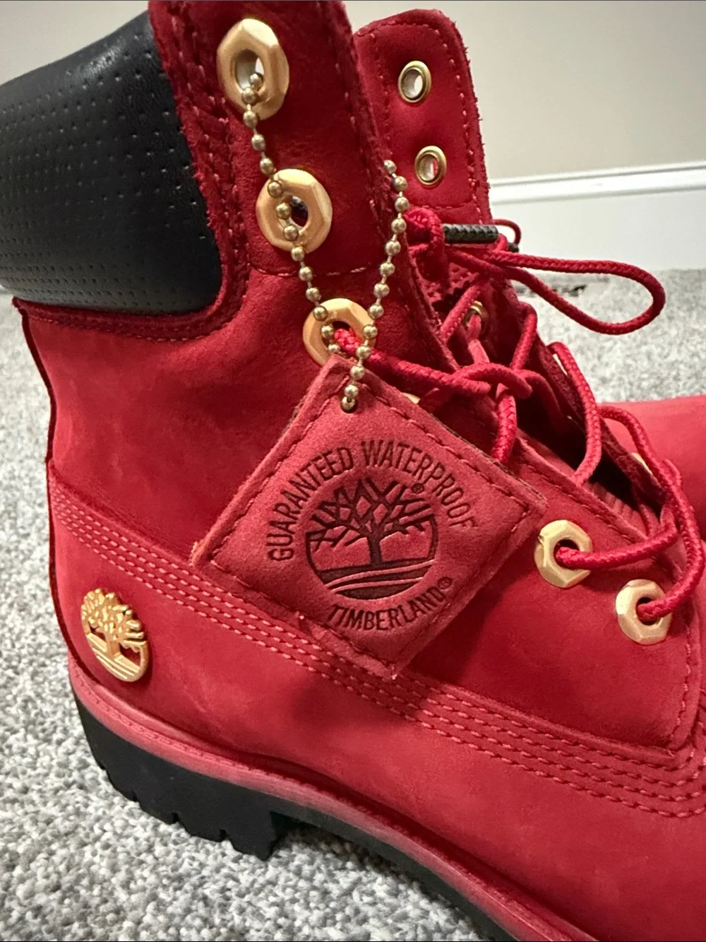 Timberland Red Suede Lace-Up Boots with Gold Eyelets